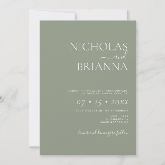 Moderne Minimalistisch Sage Green Wedding Einladung (Vorderseite)