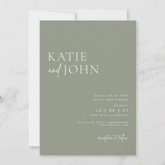 Moderne Minimalistisch Sage Green Wedding Einladung (Vorderseite)