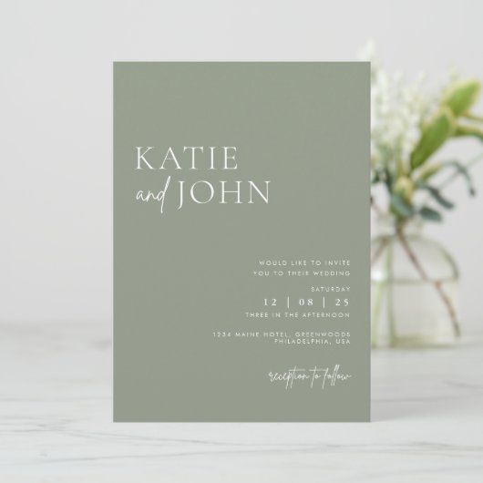 Moderne Minimalistisch Sage Green Wedding Einladung (Stehend Vorderseite)