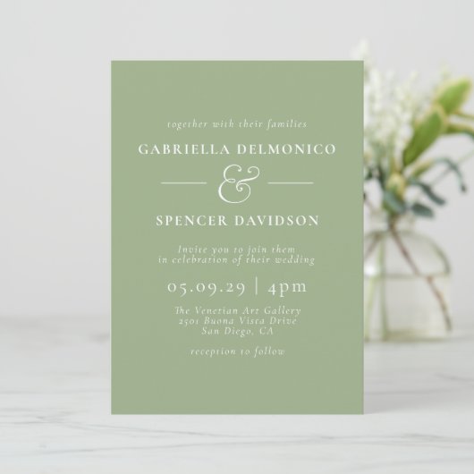 Moderne Minimalistisch Sage Green Wedding Einladung (Stehend Vorderseite)