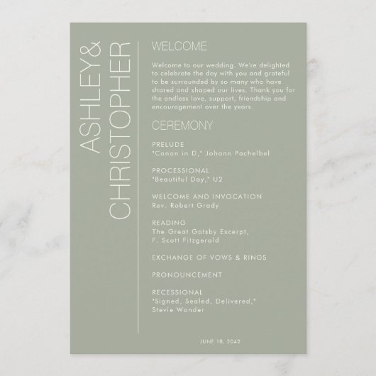 Moderne Minimalistisch Sage Green Wedding Programm (Vorderseite)