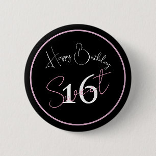 Moderne Minimalistische 16. Schwarze Pinke Geburts Button