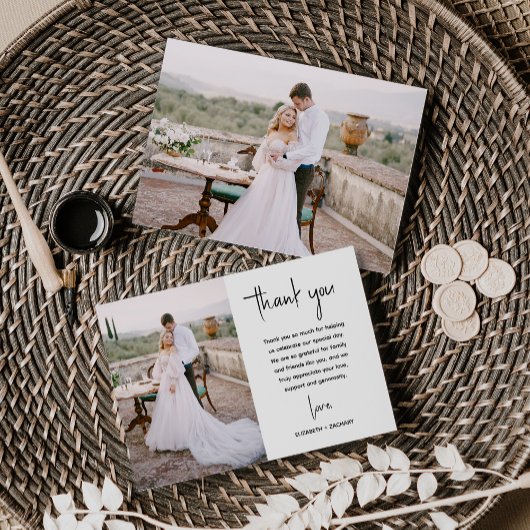 Moderne Minimalistische 2-Foto-Script-Hochzeit Dankeskarte
