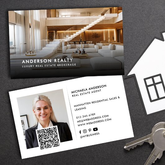 Moderne Minimalistische 2 Fotos QR Code & Social M Visitenkarte