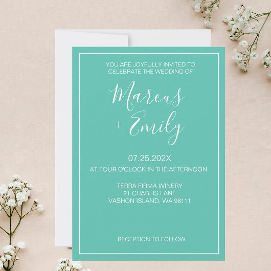 Moderne Minimalistische Aqua & White Wedding Einla Einladung