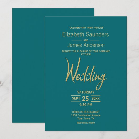 Moderne Minimalistische Aquamarine Goldhochzeit Einladung (Vorne/Hinten)