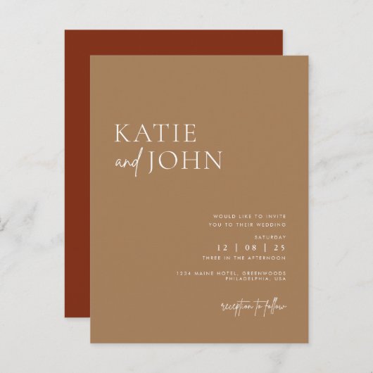 Moderne Minimalistische Beige Tan Boho Wedding Ankündigungspostkarte (Vorne/Hinten)
