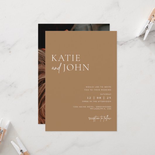 Moderne Minimalistische Beige Tan Boho Wedding Einladung (Vorderseite/Rückseite Beispiel)