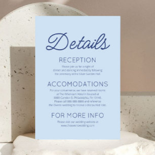 Moderne minimalistische blaue Hochzeitsdetails Begleitkarte