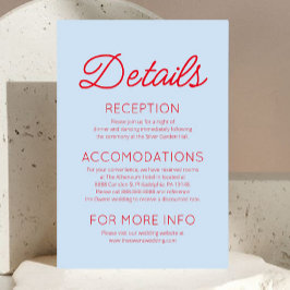 Moderne minimalistische blaue rote Hochzeitsdetail Begleitkarte