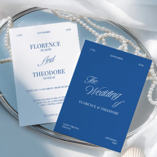 Moderne minimalistische blaue und weiße Hochzeit Einladung