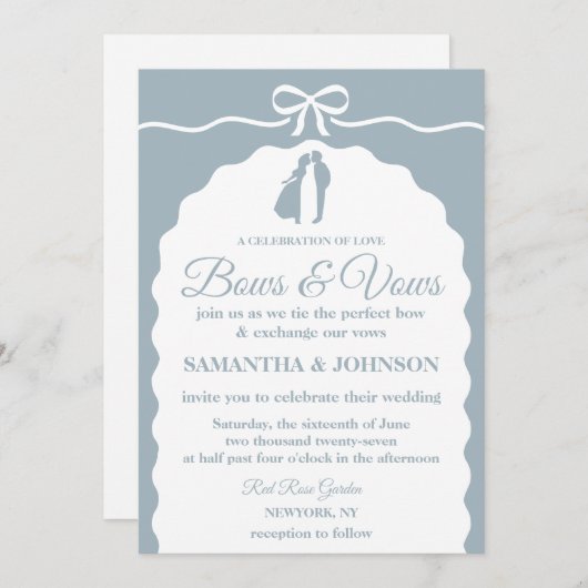 Moderne Minimalistische Blue Bows & Ribbons Hochze Einladung (Vorne/Hinten)