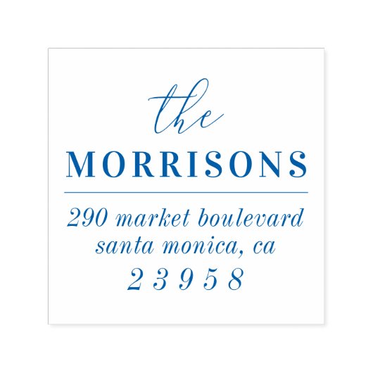 Moderne Minimalistische Blue Family Name Rücksende Permastempel (Design)