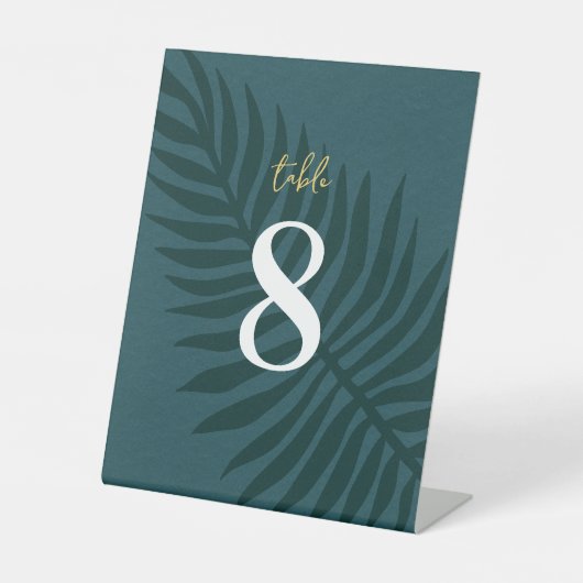 Moderne Minimalistische Blue Leaf Wedding Tischnum Sockelschild (Vorderseite)