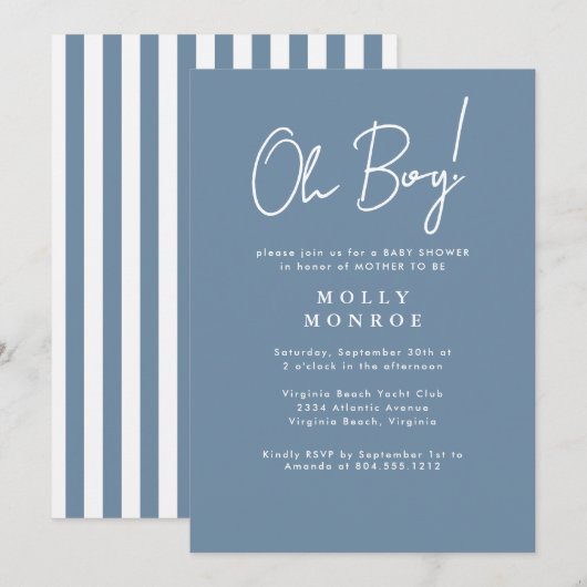 Moderne Minimalistische Blue Script Baby Dusche Einladung (Vorne/Hinten)