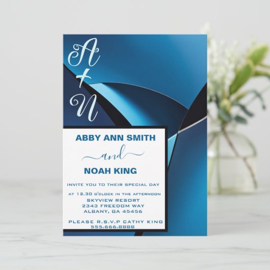 Moderne Minimalistische Blue Wave Wedding Einladun Einladung (Stehend Vorderseite)