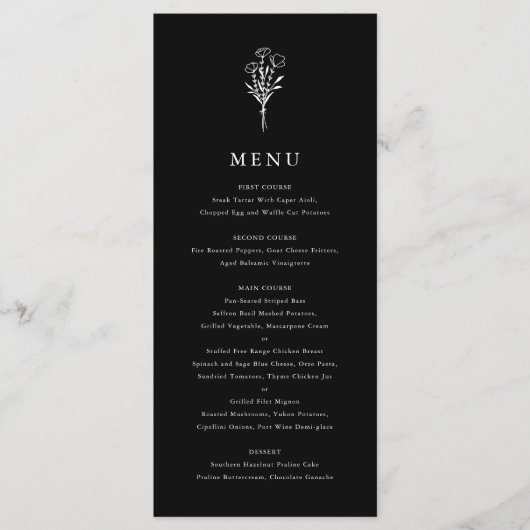 Moderne Minimalistische Blumenstrauß Black Wedding Menükarte (Vorderseite)