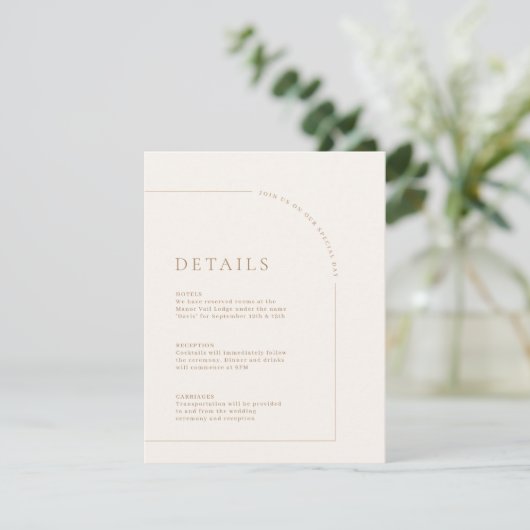 Moderne Minimalistische Boho Arch Hochzeitdetails Begleitkarte (Stehend Vorderseite)