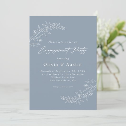 Moderne Minimalistische Boho Dusty Blue Engagement Einladung (Stehend Vorderseite)