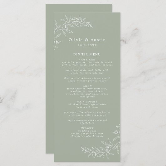 Moderne Minimalistische Boho Sage Green Wedding Menükarte (Vorne/Hinten)