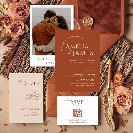 Moderne Minimalistische Boho Terracotta Wedding RSVP Karte