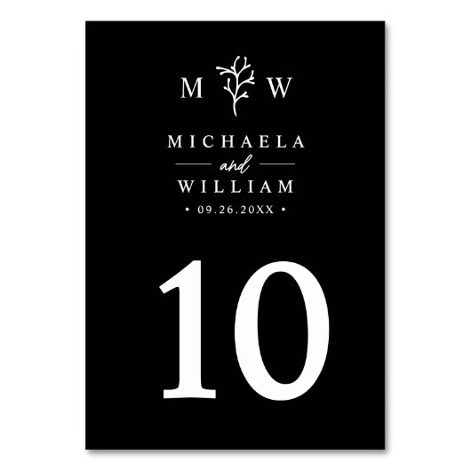 Moderne Minimalistische Botanische Monogramm-Hochz Tischnummer (Vorderseite)