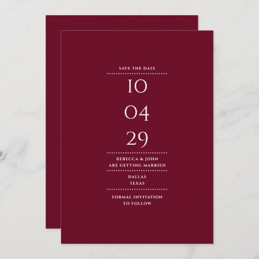 Moderne Minimalistische Burgundy-Hochzeit Save The Date (Vorne/Hinten)