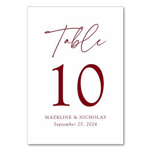 Moderne Minimalistische Burgundy Script Hochzeit Tischnummer (Vorderseite)