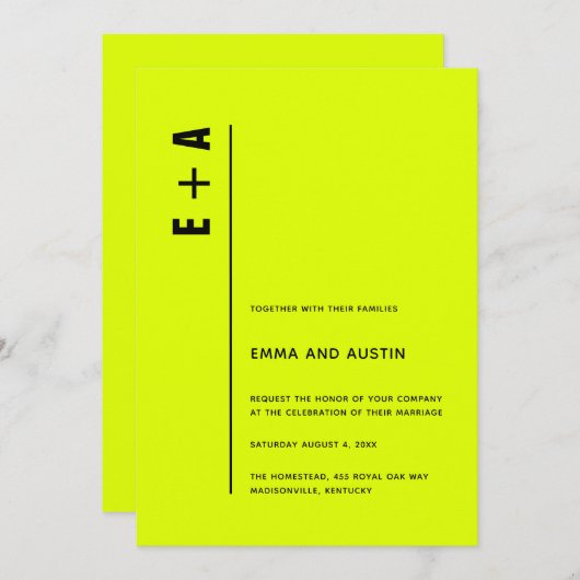 Moderne Minimalistische Chartreuse kühne Initials  Einladung (Vorne/Hinten)