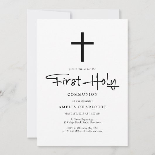 Moderne Minimalistische Cross First Communation Einladung (Vorderseite)