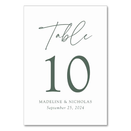 Moderne Minimalistische dunkle Sage Grüne Skriptho Tischnummer (Rückseite)