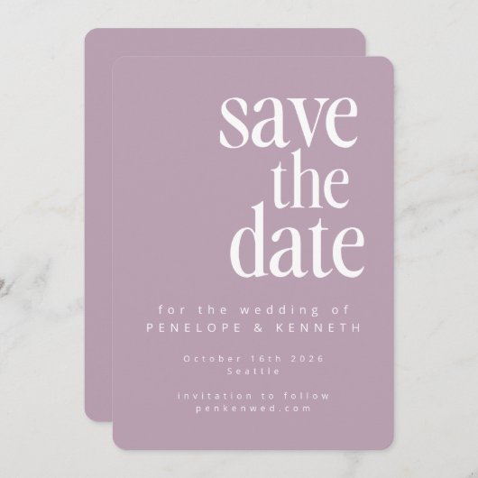 Moderne Minimalistische Dusty Lilac Simple Bold We Save The Date (Vorne/Hinten)