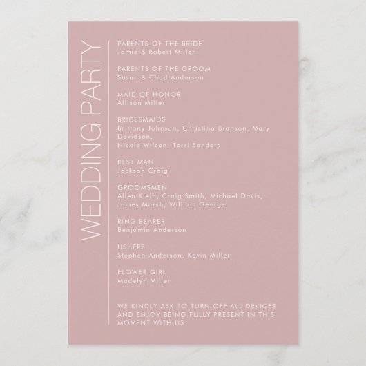 Moderne Minimalistische Dusty-Rose-Hochzeit Programm (Rückseite)
