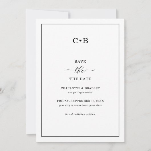 Moderne Minimalistische Einfache Schwarz-Weiß-Hoch Save The Date (Vorderseite)
