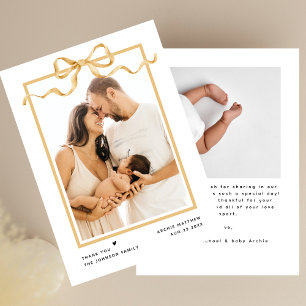 Moderne Minimalistische Elegante 2-Foto-Gold-Baby- Dankeskarte