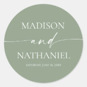 Moderne Minimalistische Elegantsage Grüne Hochzeit Runder Aufkleber (Vorderseite)