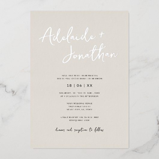 Moderne Minimalistische Elfenbeinhochzeit - Silber Folieneinladung (Vorderseite)