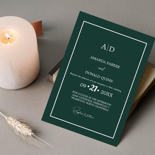 Moderne Minimalistische Emerald Grenn Monogram Wed Einladung