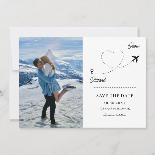 Moderne minimalistische Flugzeug Reiseroute Liebe Save The Date (Vorderseite)