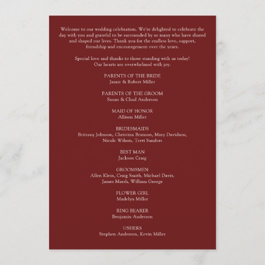 Moderne Minimalistische Foliage Crimson Red Weddin Programm (Rückseite)