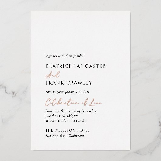 Moderne Minimalistische, formelle Hochzeit Folieneinladung (Vorderseite)