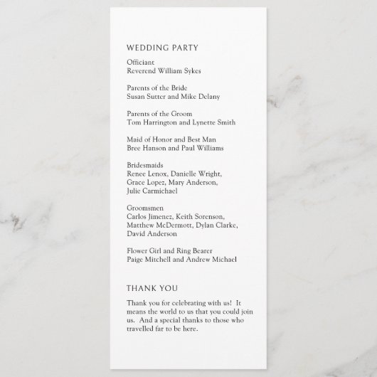 Moderne Minimalistische, formelle Hochzeit Programm (Rückseite)