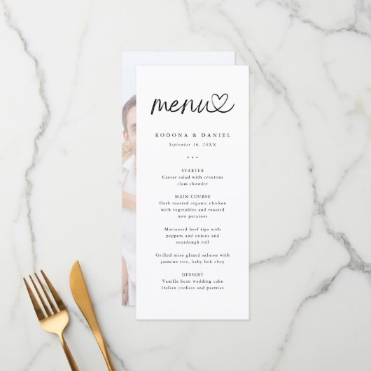 Moderne Minimalistische Foto-Hochzeit Menükarte (Vorderseite/Rückseite Beispiel)