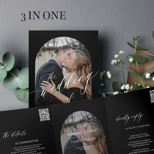 Moderne minimalistische Foto Hochzeit rsvp Details Dreifach Gefaltete Einladung