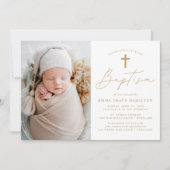 Moderne Minimalistische Gold Script Foto-Taufe Einladung (Vorderseite)