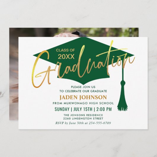 Moderne Minimalistische Golden Green Graduation Pa Einladung (Vorne/Hinten)