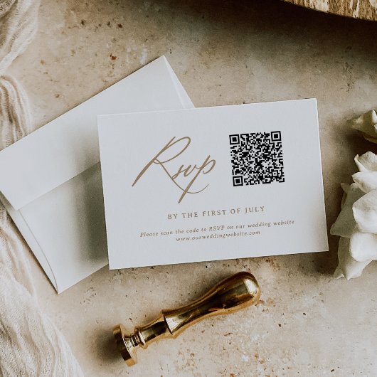 Moderne Minimalistische Goldkalligrafie mit QR-Hoc RSVP Karte