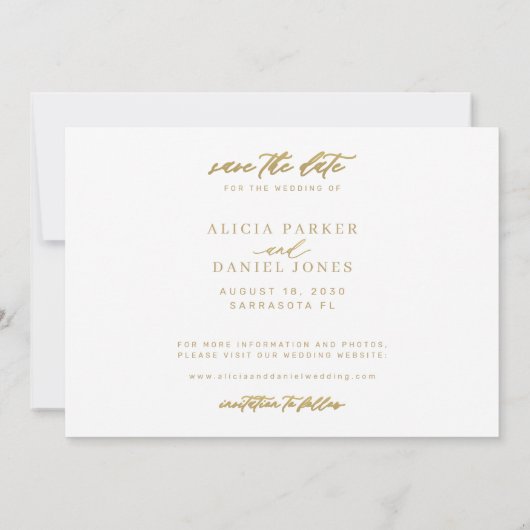 Moderne minimalistische Goldkalligraphie-Hochzeit Save The Date (Rückseite)