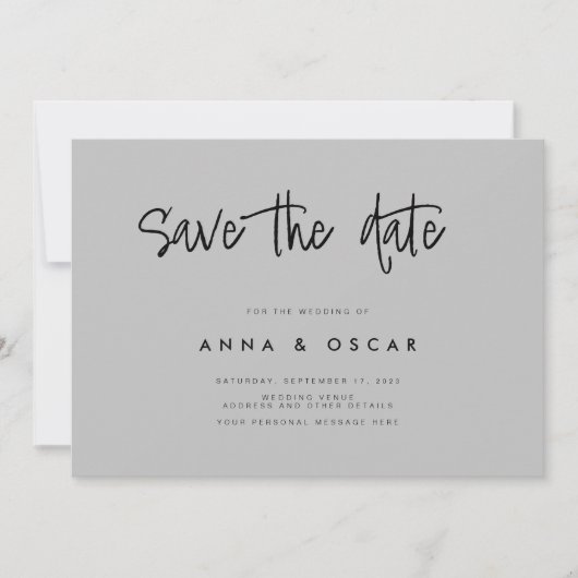 Moderne Minimalistische graue Hochzeit rettet das Save The Date (Vorderseite)