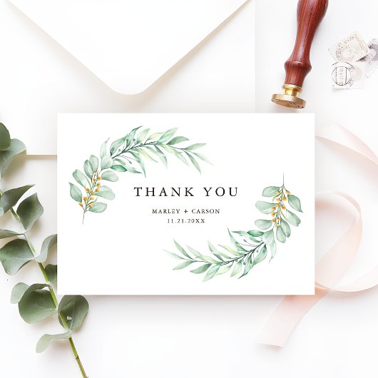 Moderne Minimalistische Grüne Blätter Hochzeit Dankeskarte